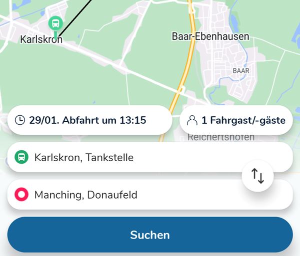 Suchanfrage in der VGI Flexi App - gewünschte Abfahrt am Montag um 13:15