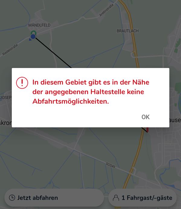 VGI Flexi App: Fehlermeldung - Keine Abfahrtsmöglichkeit in der Nähe